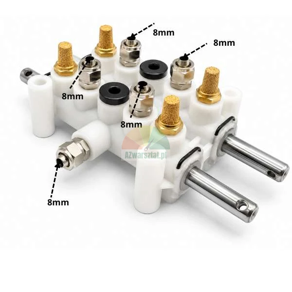 Pneumatischer Ventilverteiler für Reifenmontiermaschine mit markierten 8-mm-Anschlüssen und Schalldämpfern aus Messing.