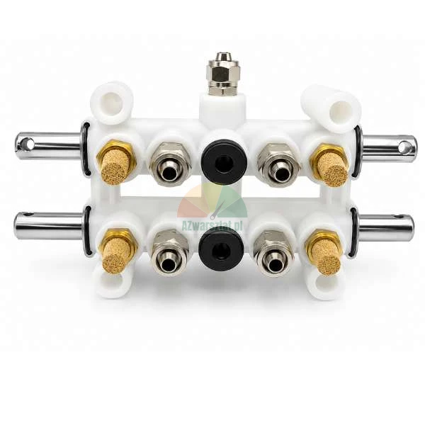 Weißer Pneumatik-Verteilerblock mit Metallbolzen, Messingschalldämpfern und schwarzen Stopfen auf weißem Hintergrund.