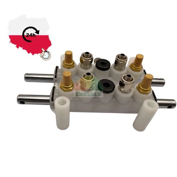 Pneumatischer Verteilerblock mit Schnellsteckanschlüssen, Schalldämpfern und Metallwellen auf weißem Hintergrund. Die Grafik oben links zeigt eine Polenkarte und ein 24-Stunden-Versandsymbol.