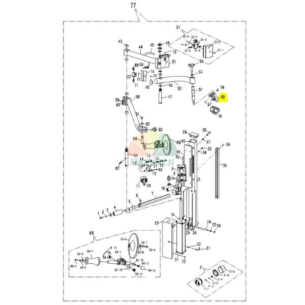 Technische Schemazeichnung von Maschinenbauteilen mit gelb hervorgehobenem Teil Nummer 55.
