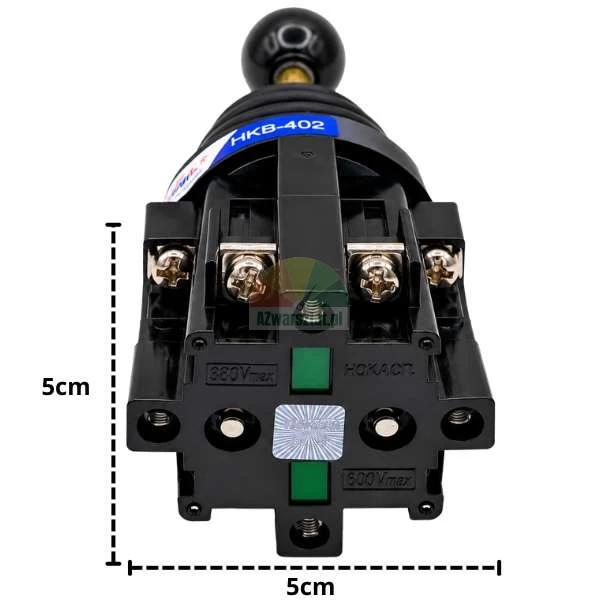 Joystick-Schalter HKB-402 Unteransicht mit Schraubklemmen und Maßangaben von 5 cm mal 5 cm.