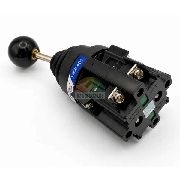 Industrieller 4-Wege-Joystick-Schalter HKB-402 mit schwarzem Kugelgriff und Schraubanschlüssen auf weißem Hintergrund.