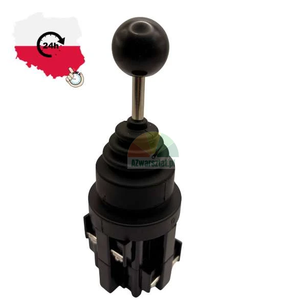 Schwarzer Industrie-Joystick-Schalter mit Kugelgriff und Gummibalg auf weißem Hintergrund mit Symbol für schnellen 24h-Versand aus Polen