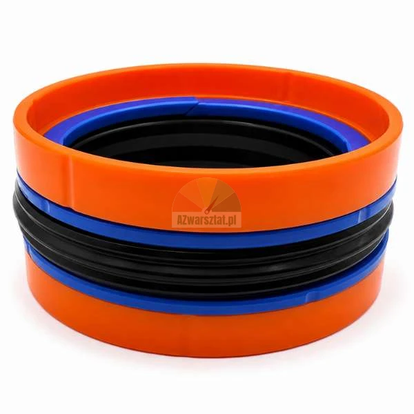 Kompakt-Kolbendichtung für Hydraulikzylinder in der Größe 63x47x31 mm, bestehend aus orangefarbenen, blauen und schwarzen Ringen.