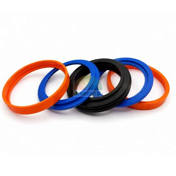 Fünf bunte Dichtungsringe in den Farben Orange, Blau und Schwarz nebeneinander auf weißem Hintergrund.
