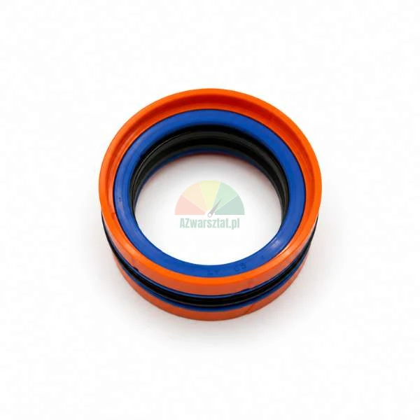Dreifarbige hydraulische Kolbendichtung in Orange, Blau und Schwarz auf weißem Hintergrund.