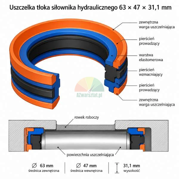 Diagramm und Querschnitt einer Kolbendichtung für Hydraulikzylinder mit den Maßen 63 x 47 x 31,1 mm mit Beschriftung der Dichtlippe, des Führungsrings, der Elastomerschicht und des Stützrings.