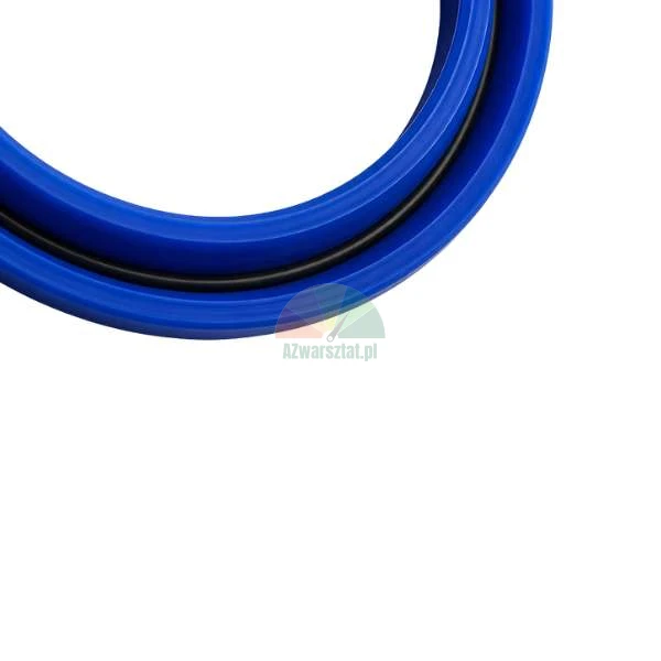 Blaue Polyurethan-Dichtung mit schwarzem O-Ring, Nahaufnahme eines kreisförmigen Dichtungsprofils auf weißem Hintergrund.