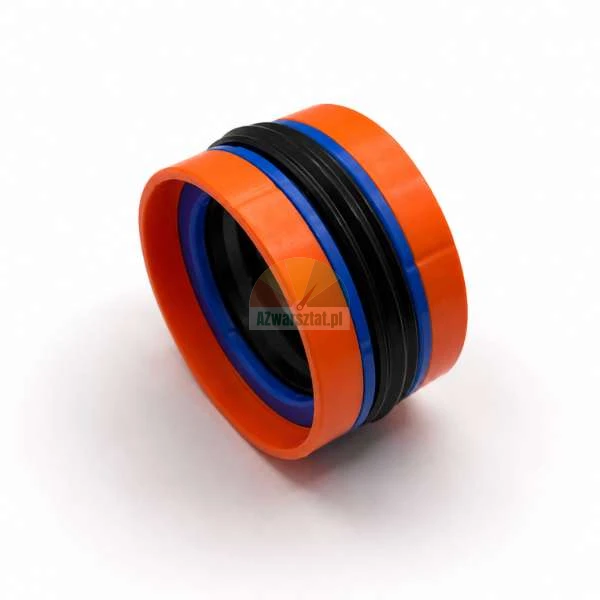 Mehrteilige hydraulische Kolbendichtung mit orangefarbenen, blauen und schwarzen Komponenten auf weißem Hintergrund.