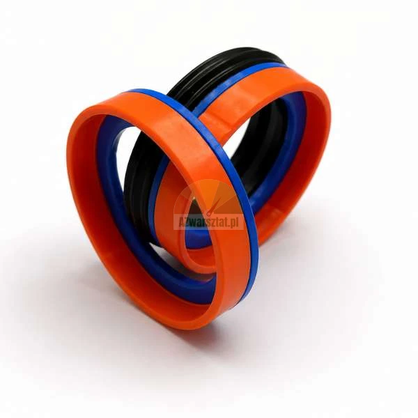 Drei farbige Hydraulikdichtungen (orange, blau und schwarz) zusammen auf weißem Hintergrund angeordnet.