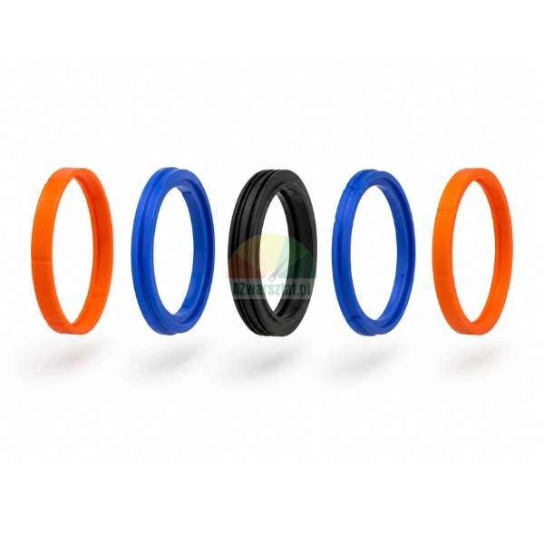 Ein Set aus fünf farbigen Kolbendichtungen in den Farben Orange, Blau und Schwarz, dargestellt auf weißem Hintergrund.