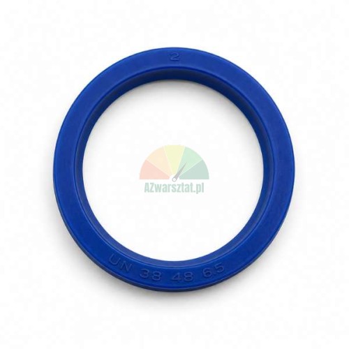 Blaue Polyurethan-Hydraulikzylinderdichtung Typ UN, Maße 38x48x6.5 mm, Draufsicht auf weißem Hintergrund.