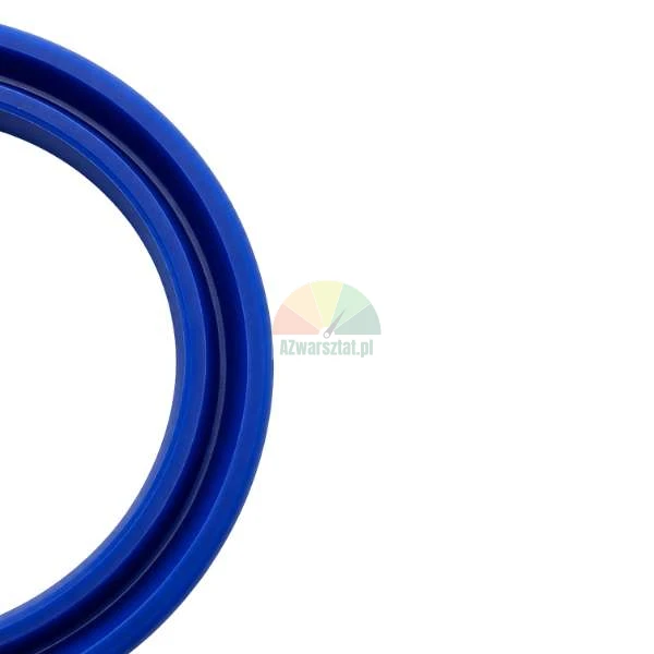 Nahaufnahme eines Teils einer blauen hydraulischen Lippendichtung auf weißem Hintergrund.