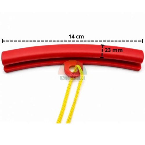 Roter Felgenschoner mit gelber Kordel, Maße 14 cm mal 23 mm.