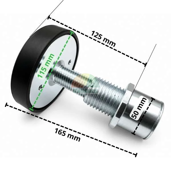 Hebebühnenteller mit Gummiauflage und Abmessungen: Tellerdurchmesser 115 mm, Zapfendurchmesser 50 mm, Höhe 165 mm