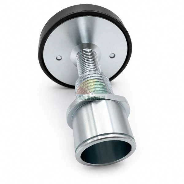 Silberner Türstopper aus Metall mit verstellbarem Gewinde und schwarzem Gummipuffer.