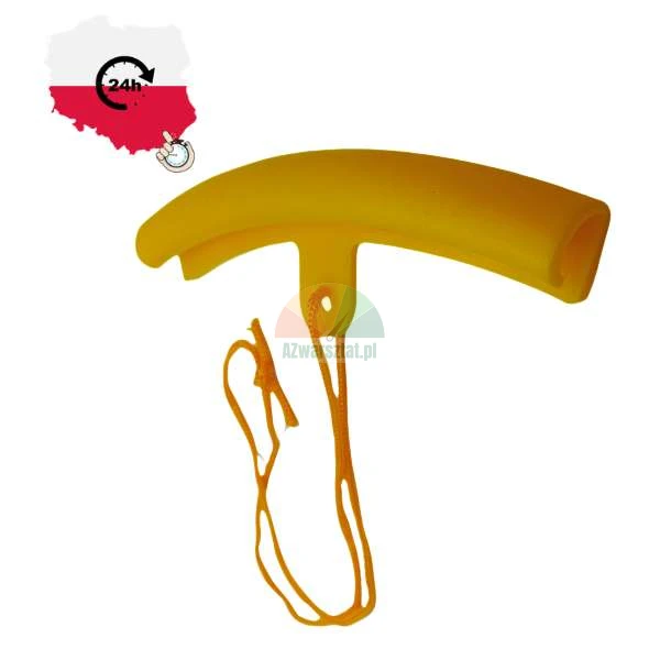 Gelber Felgenschoner für Motorräder mit orangefarbener Schnur, Reifenmontagewerkzeug.