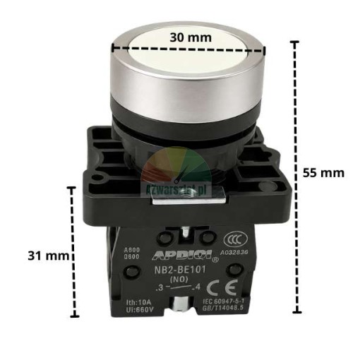 Weißer Aufzugstaster 1 x NO, 1 x NC mit 30 mm Durchmesser und Maßen