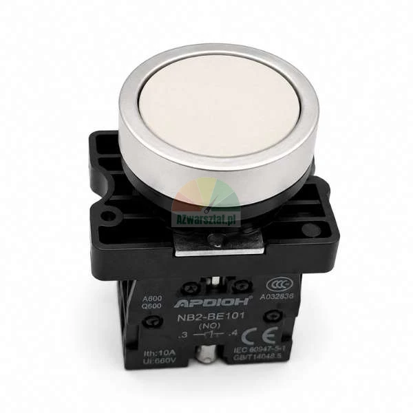 Weißer Industrie-Drucktaster mit Metallring und schwarzem Montageblock, Modell APDIOH NB2-BE101.