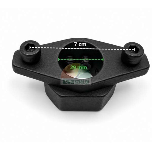 Schwarze Halterung für Montagefuß mit Maßen 7 cm und 29 mm.