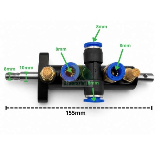Schwarzer pneumatischer Ventilverteiler Typ B, 155 mm lang mit 8 mm und 10 mm Anschlüssen.