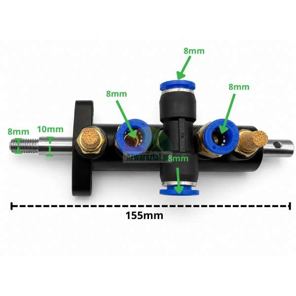 Schwarzer pneumatischer Ventilverteiler Typ B, 155 mm lang mit 8 mm und 10 mm Anschlüssen.