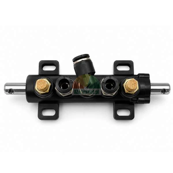 Schwarzer Pneumatik-Verteilerblock mit Schnellsteckanschlüssen, Schalldämpfern aus Messing und einer Metallstange auf weißem Hintergrund.