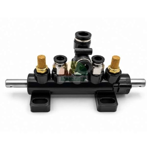 Ventilblock - Luftverteiler für Fußpedal Typ E für Reifenmontiermaschine, mit Schnellanschlüssen und Messing-Schalldämpfern.