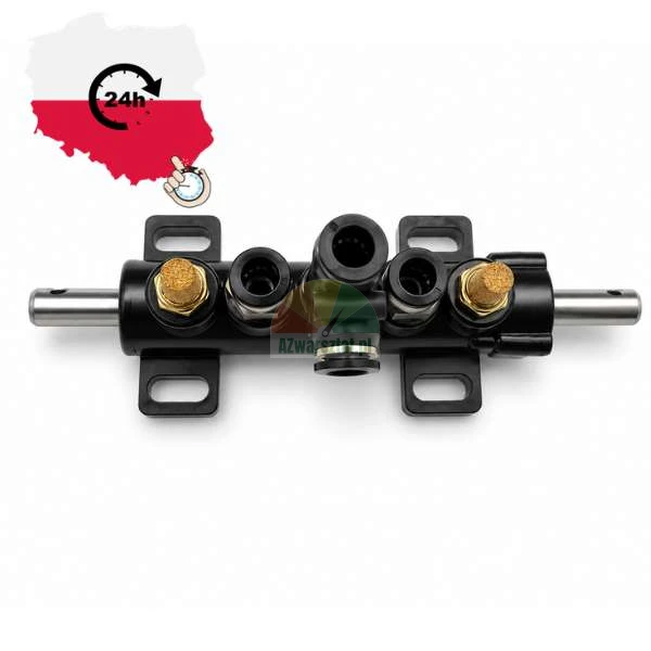 Schwarzer Pneumatik-Verteiler mit Messing-Schalldämpfern und Steckanschlüssen auf weißem Hintergrund. Oben links befindet sich eine Grafik mit der Landkarte von Polen und einem Symbol für 24-Stunden-Versand.