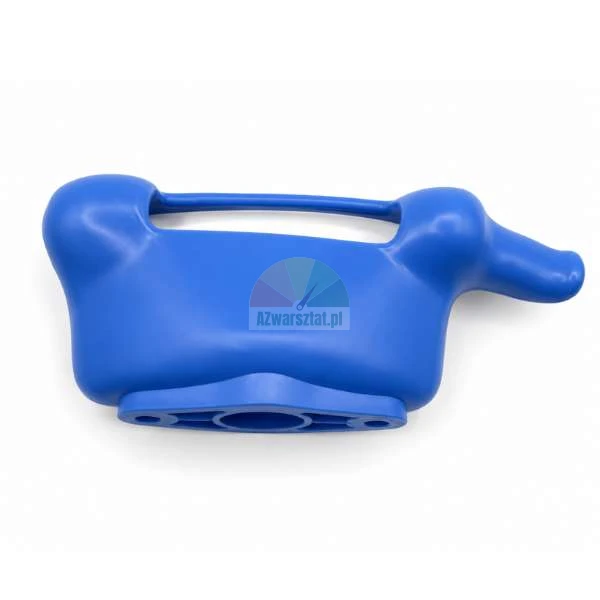 Blaue Schutzabdeckung aus Kunststoff in ergonomischer Form mit Griff und Montageplatte.