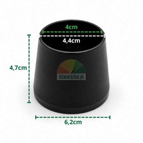 Schwarze kegelförmige Stuhlkappe mit den Maßen: Höhe 4,7 cm, oberer Durchmesser 4 cm und 4,4 cm, Bodendurchmesser 6,2 cm.