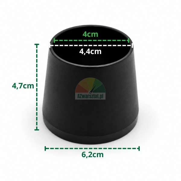 Schwarze kegelförmige Stuhlkappe mit den Maßen: Höhe 4,7 cm, oberer Durchmesser 4 cm und 4,4 cm, Bodendurchmesser 6,2 cm.