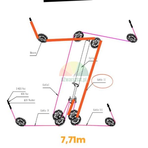 Seilführungsplan des 7.71 m Stahlseils für die Launch TLT440W und TLT440 4-Säulen-Hebebühne