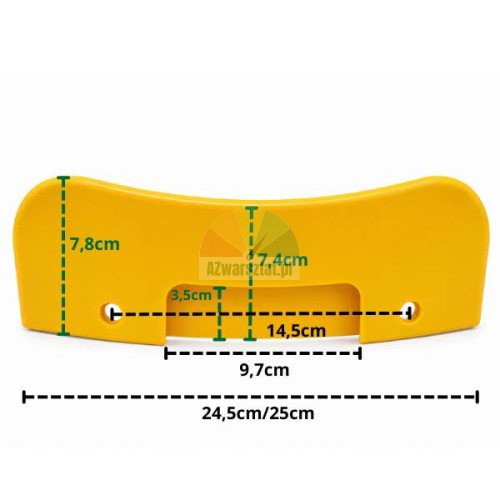 Gelber Kunststoff-Abdrückschaufelschutz 24,5 cm mit eingezeichneten Maßen
