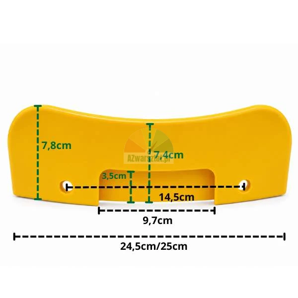 Gelber Kunststoff-Abdrückschaufelschutz 24,5 cm mit eingezeichneten Maßen