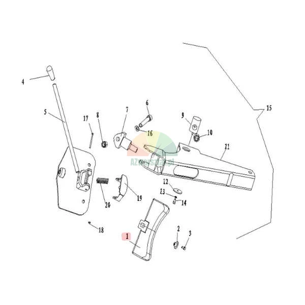 Technische Explosionszeichnung eines Hebelmechanismus, bei dem das Bauteil Nummer 1 mit einem rosa Kasten markiert ist, das eine Schutzabdeckung darstellt.
