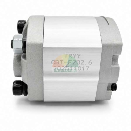 Hydraulische Zahnradpumpe TRYY CBT-F202.6, Seitenansicht mit gravierter Modellnummer auf dem Aluminiumgehäuse.