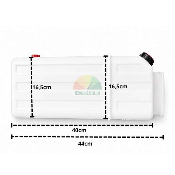 Weißer Kunststofftank mit Maßangaben: Höhe 16,5 cm, Gehäuselänge 40 cm, Gesamtlänge 44 cm. Der Tank hat zwei Deckel - rot und schwarz.