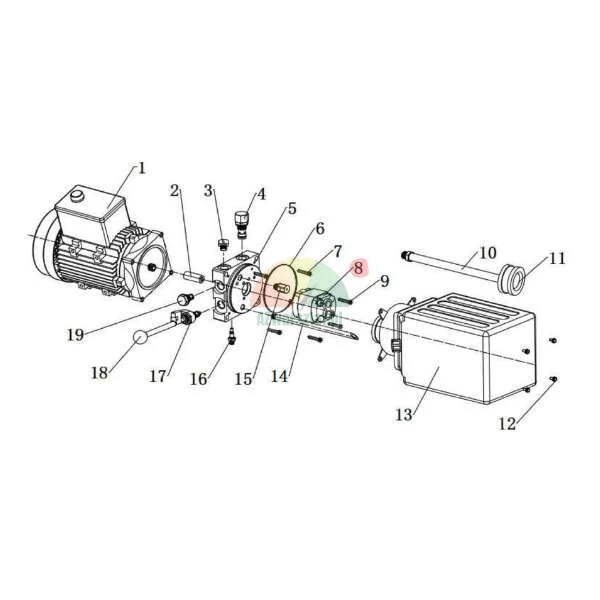 Explosionszeichnung eines Hydraulikaggregats mit rot markiertem Teil Nummer 8, das die Zahnradpumpe darstellt.
