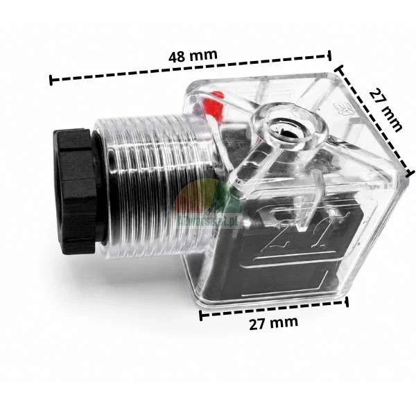 Transparenter Magnetventilstecker AC230V mit den Abmessungen 48 mm mal 27 mm.