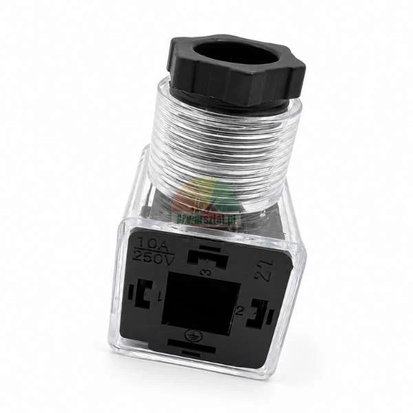 Transparenter Magnetventilstecker DIN 43650 Form A, 10A 250V, mit schwarzer Kabelverschraubung auf weißem Hintergrund.