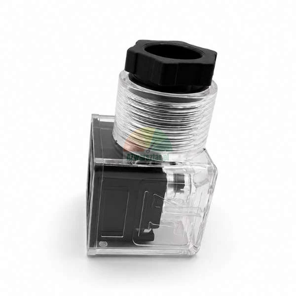 Gerätestecker für Magnetventil mit transparentem Gehäuse und schwarzer Kabelverschraubung.