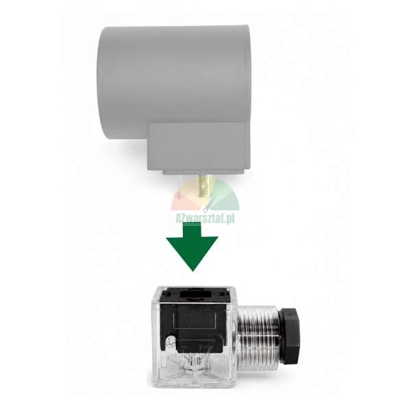 Diagramm zur Darstellung des Anschlusses einer grauen Magnetventilspule an einen transparenten Stecker mit einem grünen Pfeil.