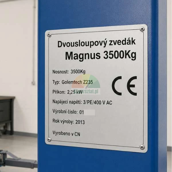 Tabliczka znamionowa podnośnika dwukolumnowego Golemtech Z235.