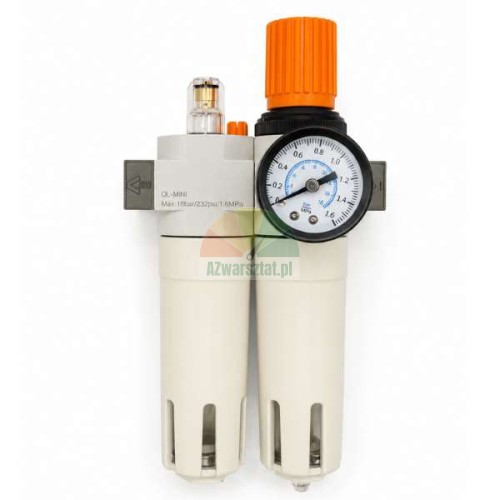 Komplette Druckluft-Wartungseinheit Typ A mit Manometer und Öler auf weißem Hintergrund.