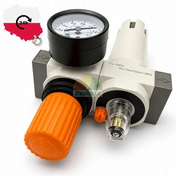 Pneumatische Wartungseinheit OL-MINI mit Druckregler, Manometer, Öler und orangefarbenem Einstellknopf.