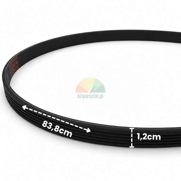 Schwarzer Keilrippenriemen für Auswuchtmaschine mit einer Länge von 83,8 cm und einer Breite von 1,2 cm mit Maßangaben.