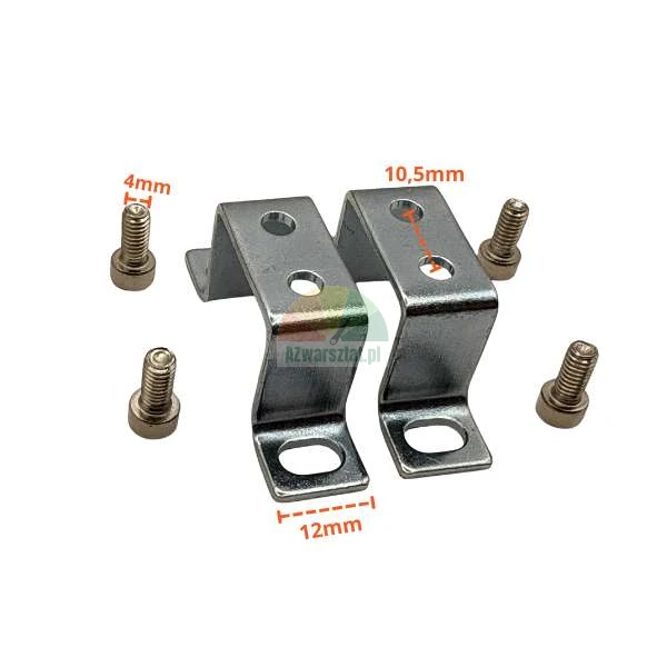 Zwei Z-Montagehalterungen aus Metall mit Abmessungen von 10,5 mm Lochabstand und 12 mm Breite, inklusive vier 4-mm-Schrauben auf weißem Hintergrund.