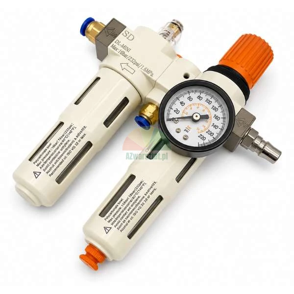Pneumatische Wartungseinheit DL-MINI mit Filter, Druckregler, Manometer, orangefarbenem Einstellknopf und blauen Schnellkupplungen auf weißem Hintergrund.