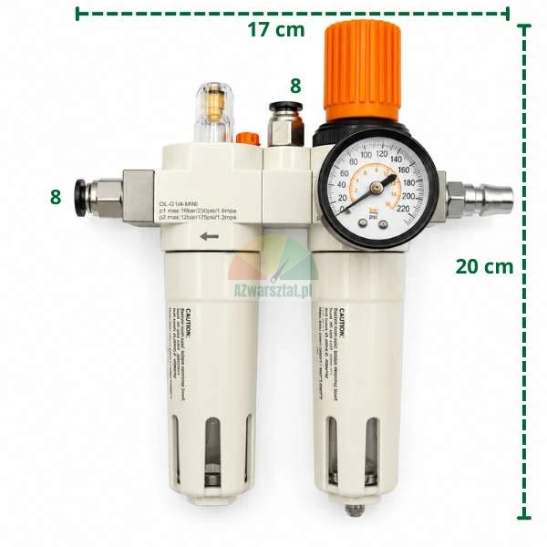 Komplette Druckluft-Wartungseinheit Typ D mit Manometer und Abmessungen.